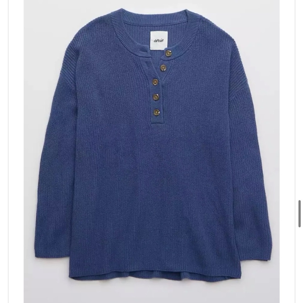 Aerie Oversized Henley sweater size XL drop shoulder cozy lounge boho layer blue